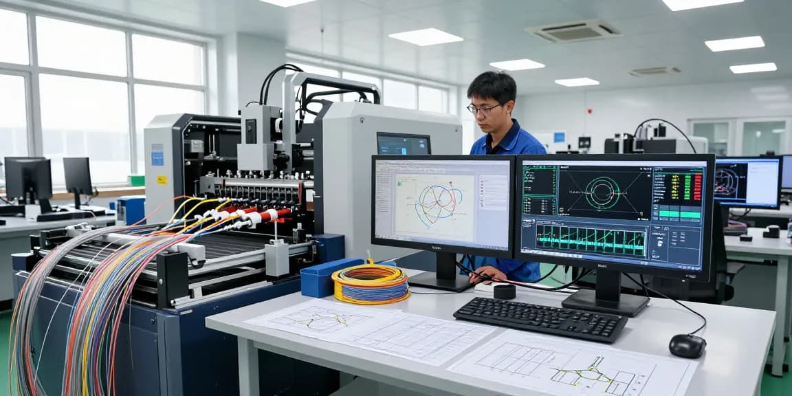 Advanced fiber optics assembly in a high-tech workspace showcasing precision in fc fiber production.