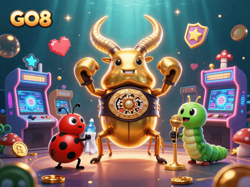 Experience GO8 with an entertaining boxing match between vibrant characters amidst a lively casino scene.