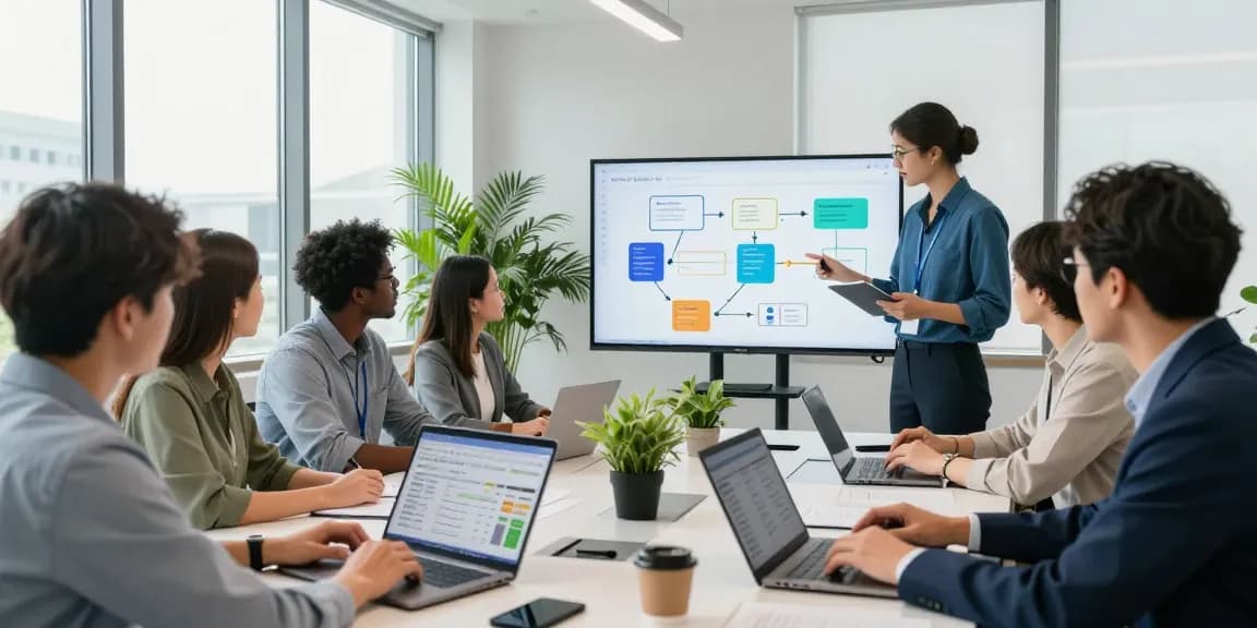Service professionals collaborating using all-in-one service software in a modern workspace