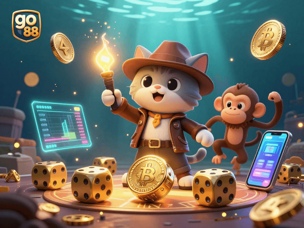 Experience thrilling wins with go 88 in this vibrant 3D illustration of a cat explorer and monkey.