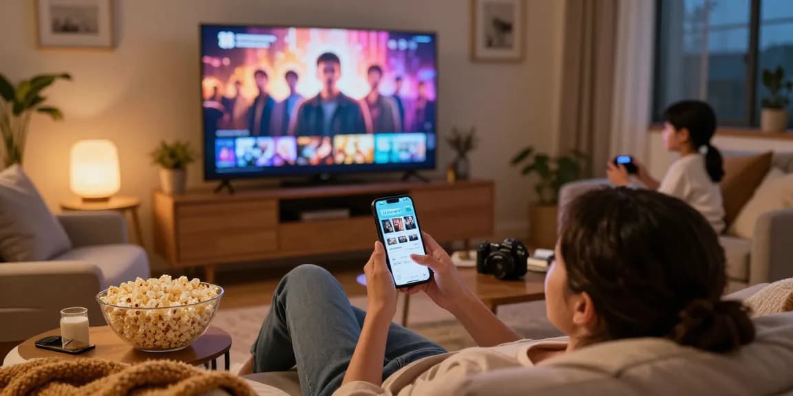 Pikashow app user enjoying a movie night in a cozy living room setup with family.