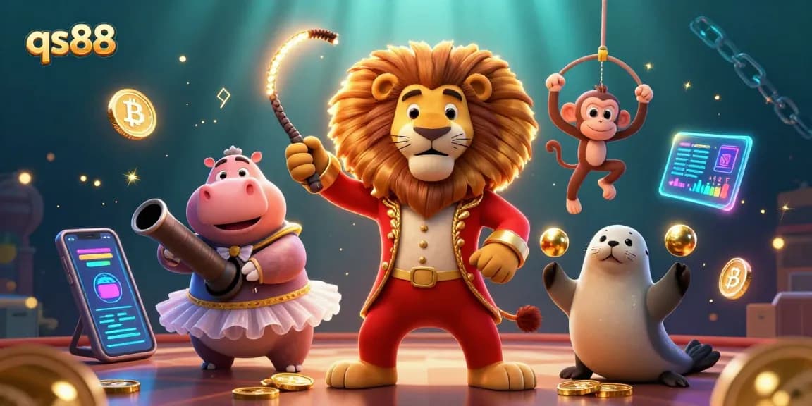 Experience thrilling gameplay at qs88 with a vibrant circus-themed 3D illustration featuring enchanting casino elements.