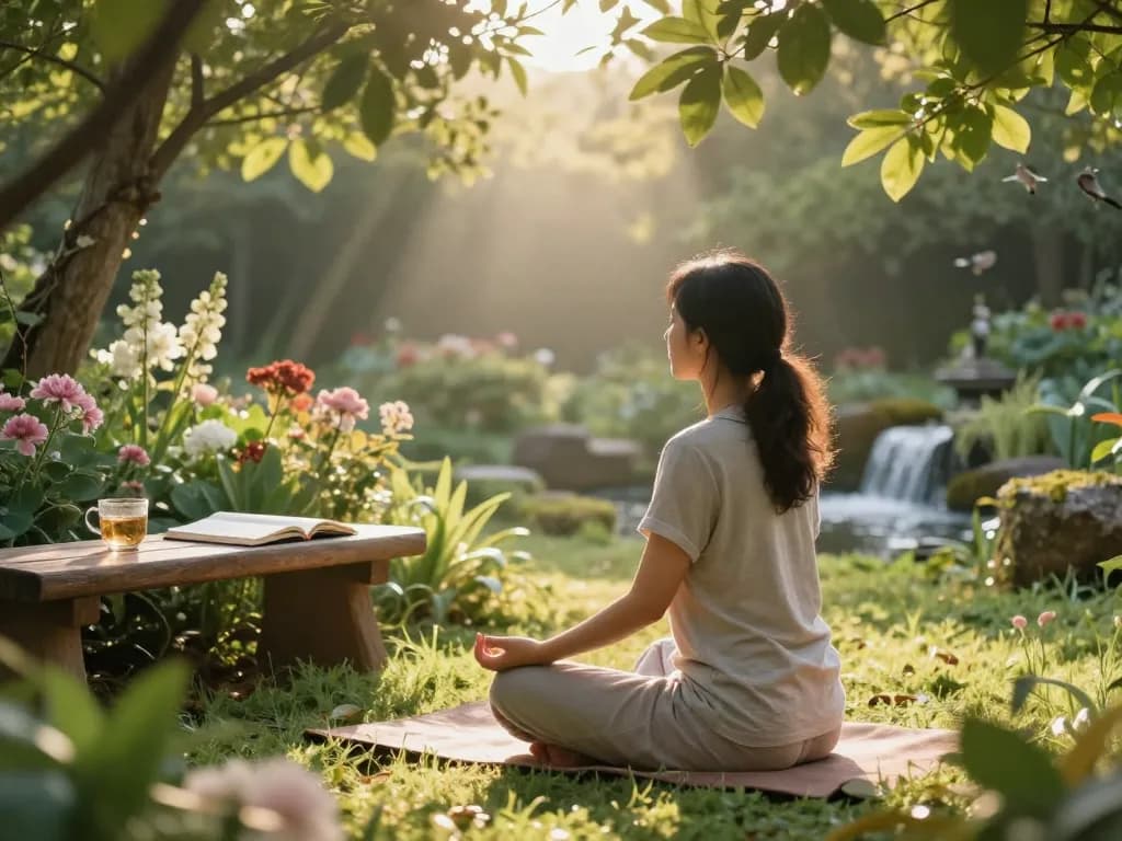 Mindset shift techniques illustrated by individual practicing mindfulness in tranquil garden setting.