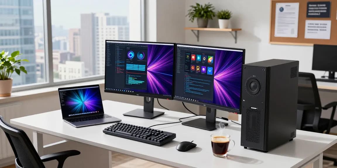 Professional using a refurbished PC in a bright tech workspace, featuring dual monitors and creative tech elements.