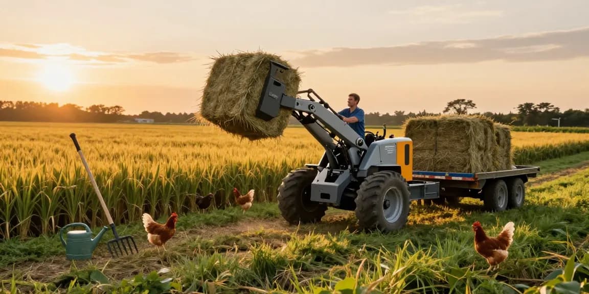 Best farm electric loader lifting hay bales on a vibrant farm at sunset, showcasing modern agricultural efficiency.
