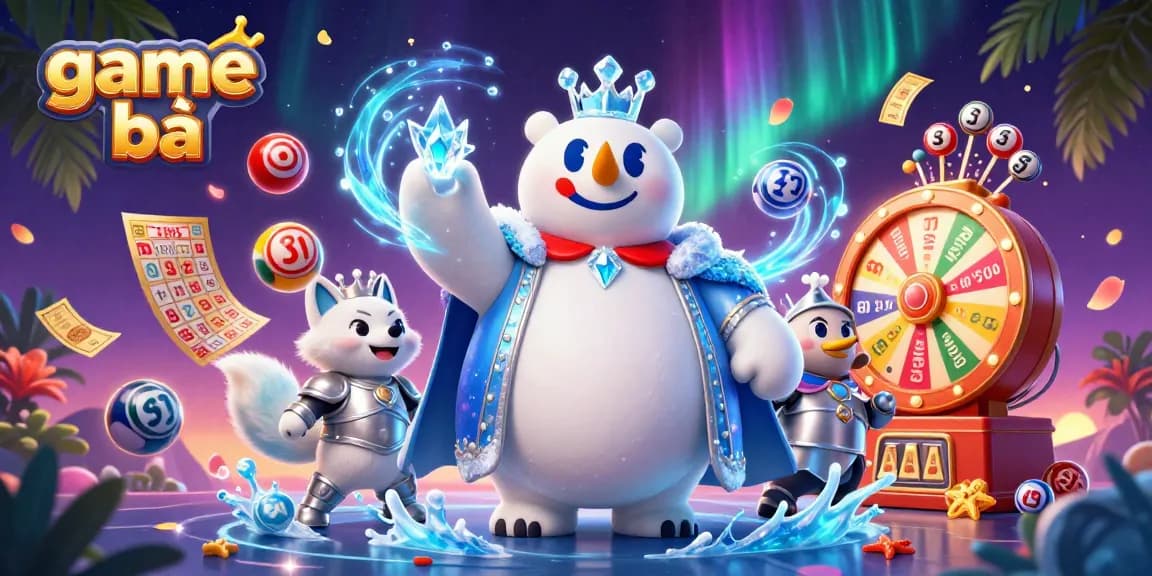 Experience thrilling game bài with a captivating 3D scene featuring ice king and snow fox amidst dynamic lottery elements.