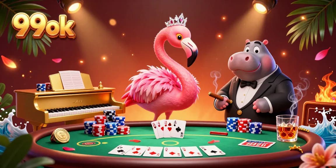 Engage with 99ok's vibrant casino scene featuring a flamingo singer and poker elements.