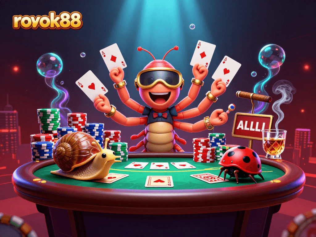 Experience rokok88 excitement with vibrant casino art featuring a millipede dealer and high-roller snail.