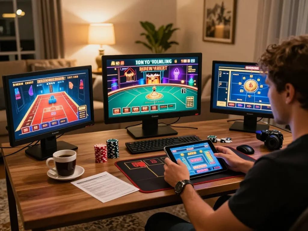 Player engaged in mobile casino gaming at home using ee88go app, relaxed atmosphere with betting notes and coffee