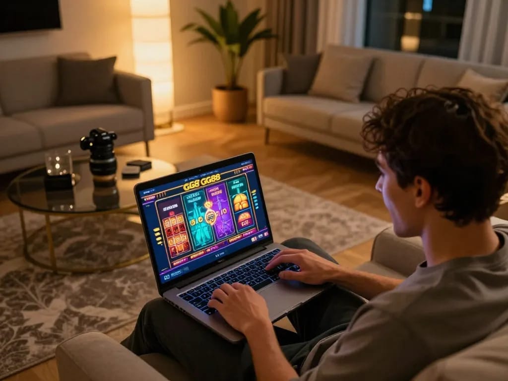 Player enjoying GG88 casino games on a laptop at home, engaged in online gambling.