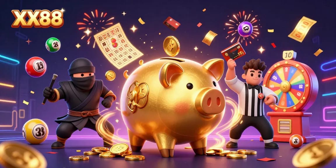 Experience the thrill of XX88 with colorful games and dynamic action in this vibrant 3D casino scene.