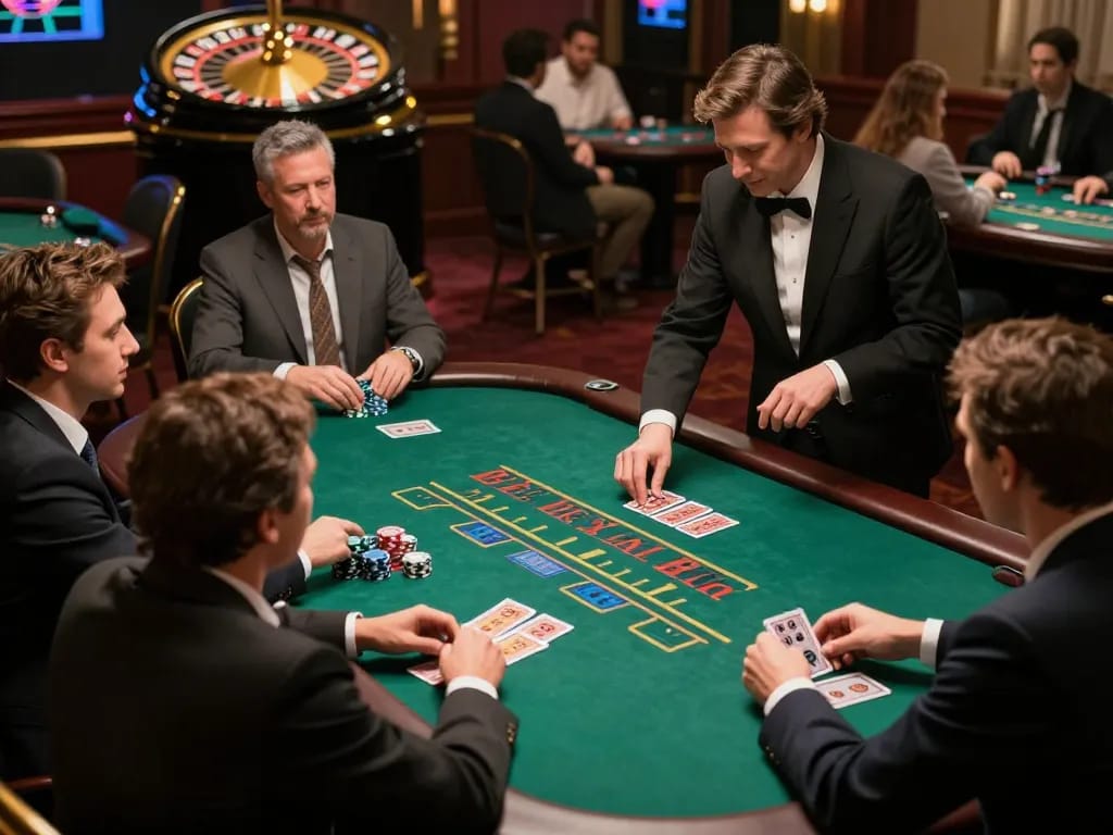 cm88 blackjack table scene with players strategizing their bets and interacting