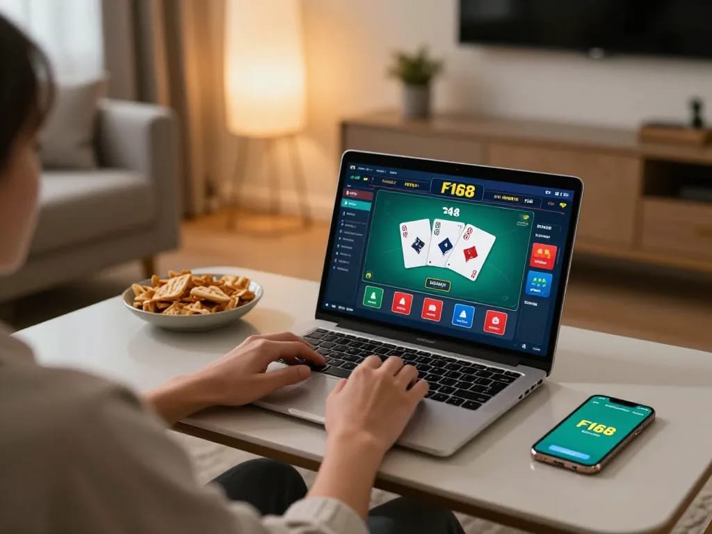 Engaging gameplay on F168's online casino platform from a cozy home setup