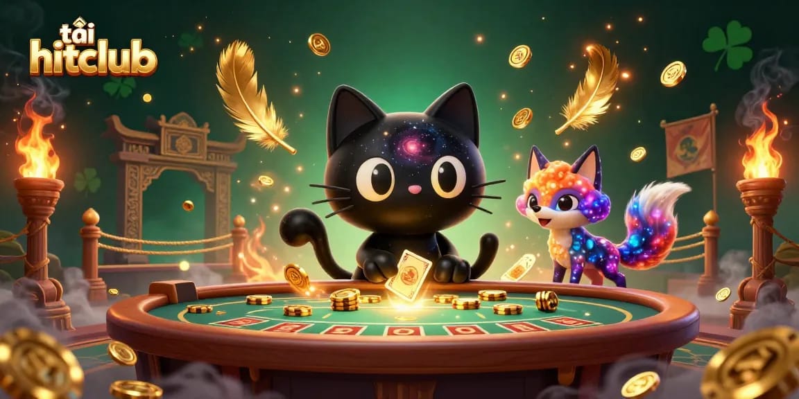 Engage with the cosmic universe of tải hitclub, featuring a black hole cat and nebula fox at a vibrant casino table.