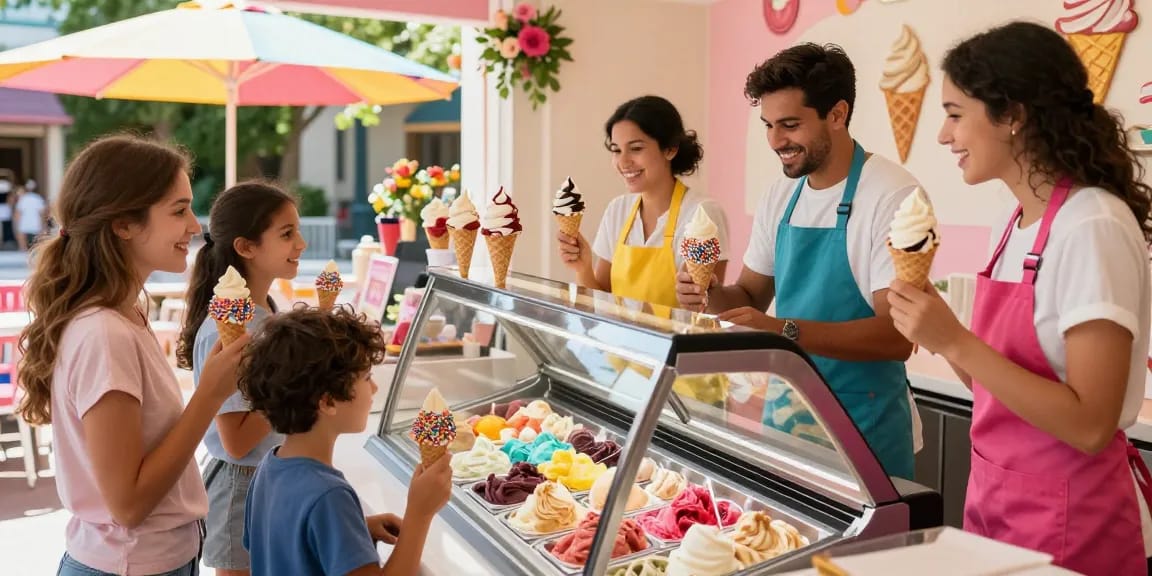 Family enjoying unique ice cream flavors at ROKOK88, showcasing rokok88 in a vibrant parlor atmosphere.