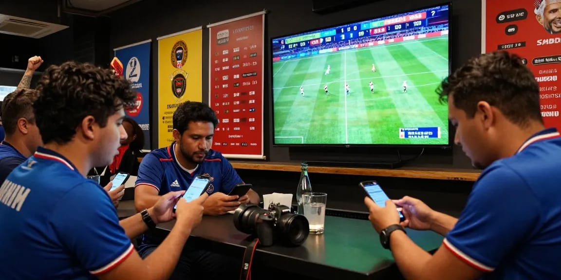 Soi keo nha cai enthusiasts analyzing odds during a live football match in a lively atmosphere.
