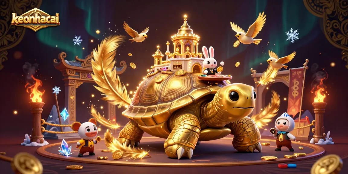 Experience keonhacai with a lively illustration depicting a golden tortoise casino scene.