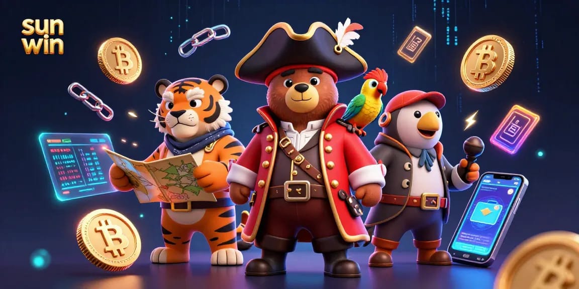 Experience the excitement of sun win with a vibrant casino scene featuring pirate characters and crypto elements.