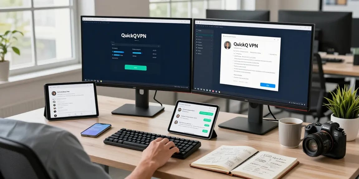 在quickq官网上，现代办公环境下的专业工作空间，展示VPN操作界面。