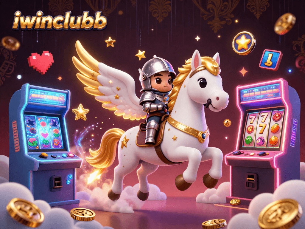 Join the excitement at iwinclubb with a celestial horse, knight, and vibrant slots in a casino adventure.