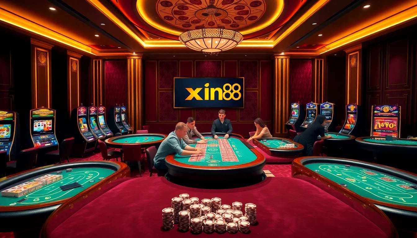 Engage with the luxurious offerings of Nhà cái xin88 at a vibrant casino table with players enjoying games.