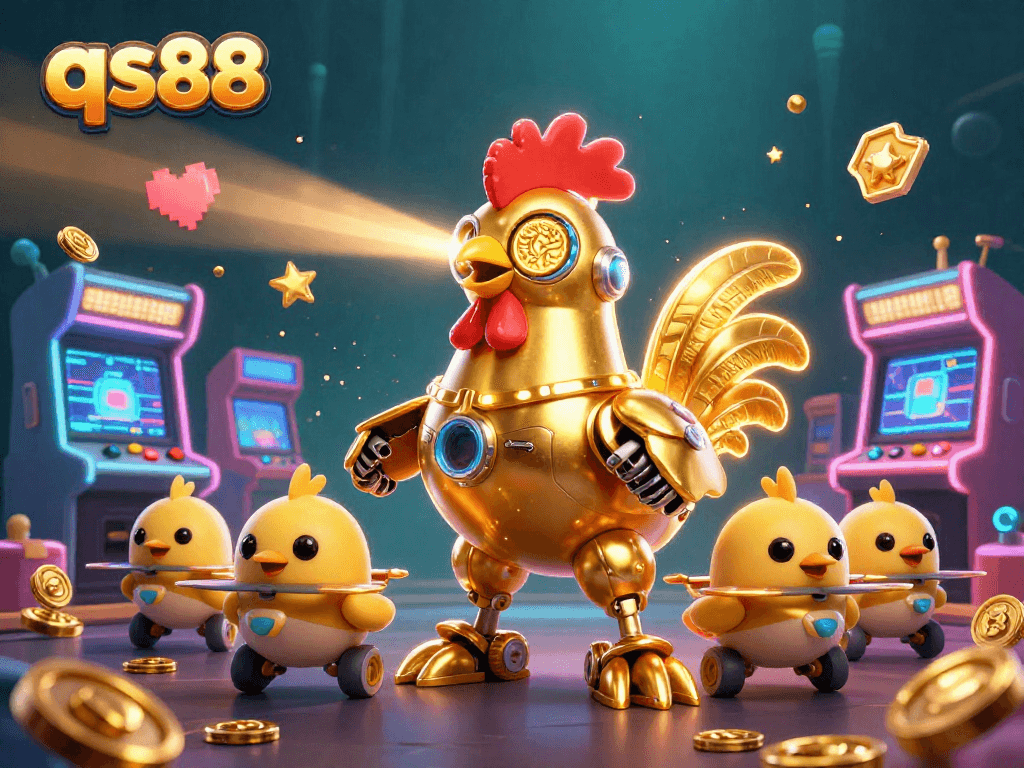 Engage with qs88's thrilling casino experience featuring a futuristic rooster robot and baby chick drones.