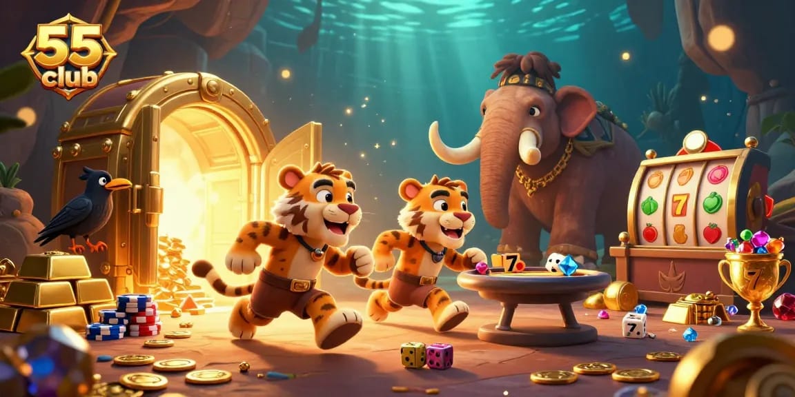 Engage with vibrant 55 club gaming excitement in this lively prehistoric casino scene filled with treasures.