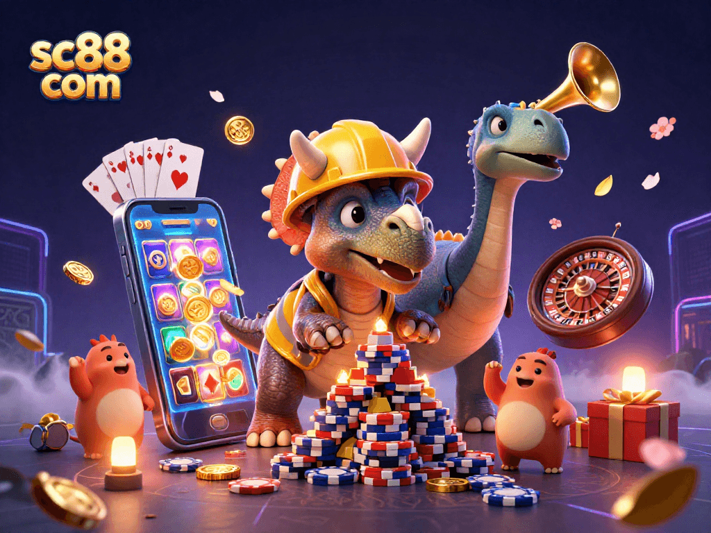 Engage with sc88 com's vibrant casino universe featuring cheerful animated dinosaurs and dynamic game elements.