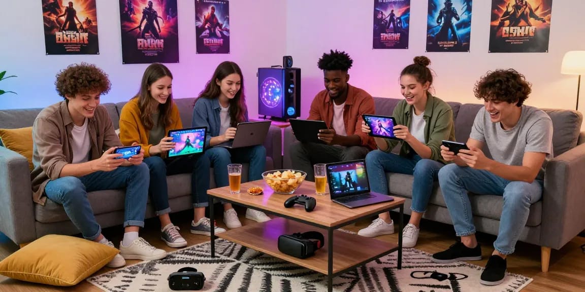 Friends enjoying porn games online in a cozy living room filled with colorful lights.