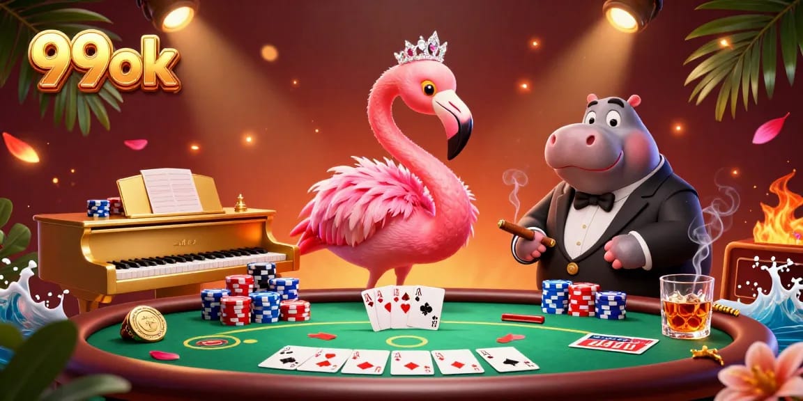 Engage with 99ok's vibrant casino scene featuring a flamingo singer and poker elements.