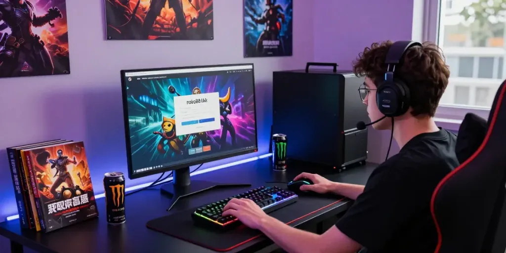 Dynamic gaming workspace showcasing the rokok88 link login on a vibrant screen, with gaming gear and colorful LED lights.