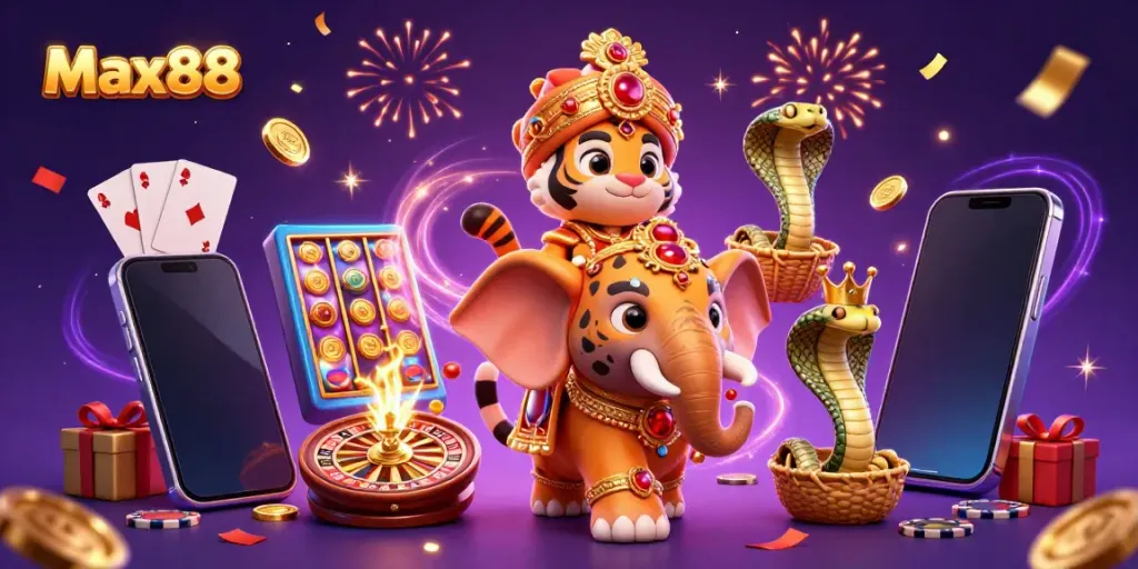 Experience the vibrant excitement of Max88 with colorful slot games and engaging casino elements.