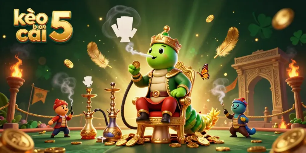 Experience the thrill of kèo nhà cái 5 with an illustrated scene featuring a caterpillar hookah-master amidst golden coins and game symbols.