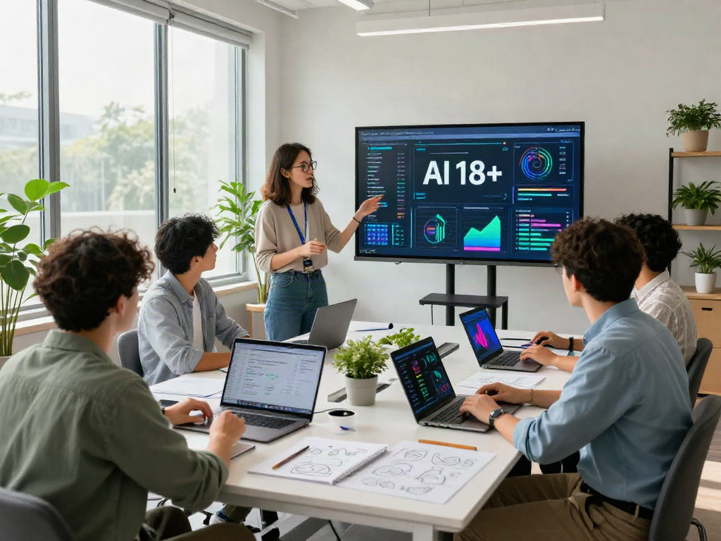 Team collaborating in modern workspace with AI insights on showcasing ai 18+ advancements.
