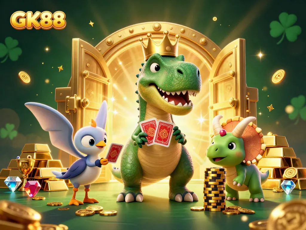 Experience GK88's excitement with a T-Rex shuffling cards and a pterodactyl assisting in a treasure-filled casino scene.