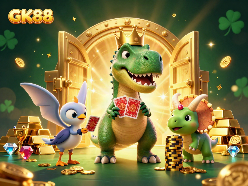 Experience GK88's excitement with a T-Rex shuffling cards and a pterodactyl assisting in a treasure-filled casino scene.