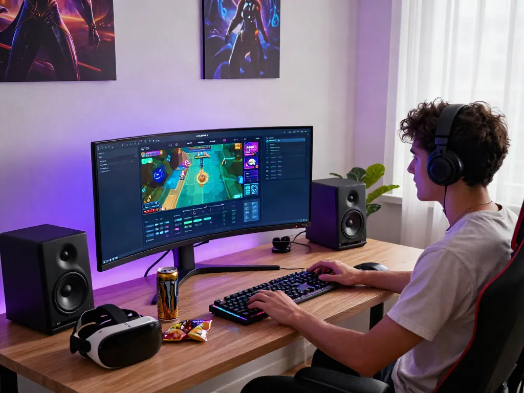 Gamer engaging with rokok88 rtp system in modern home office setup.