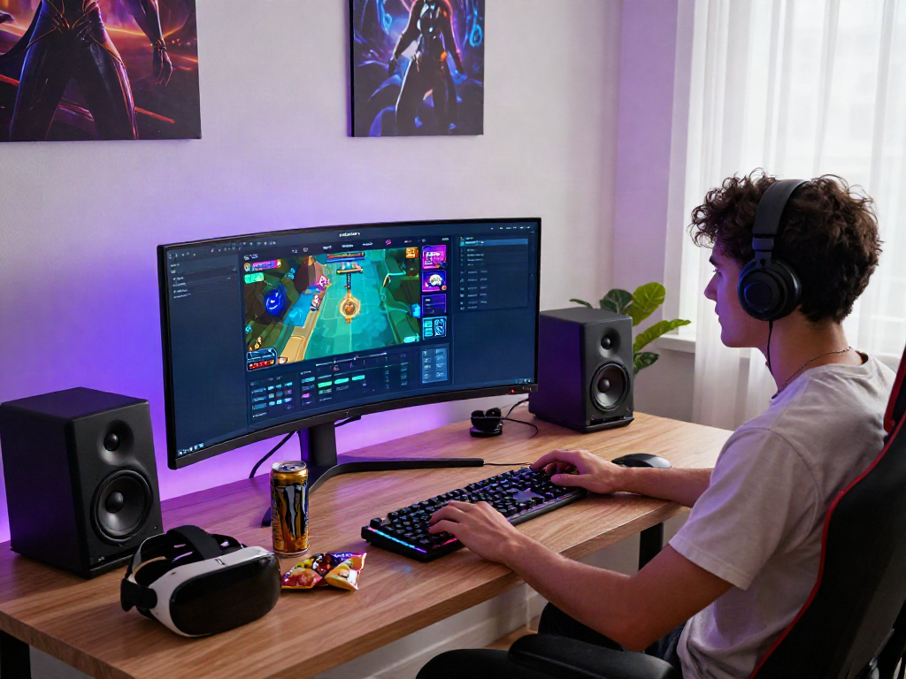 Gamer engaging with rokok88 rtp system in modern home office setup.
