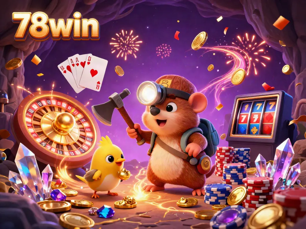 Join the excitement with 78win as the treasure hunter and canary discover riches in a vibrant casino-themed scene.