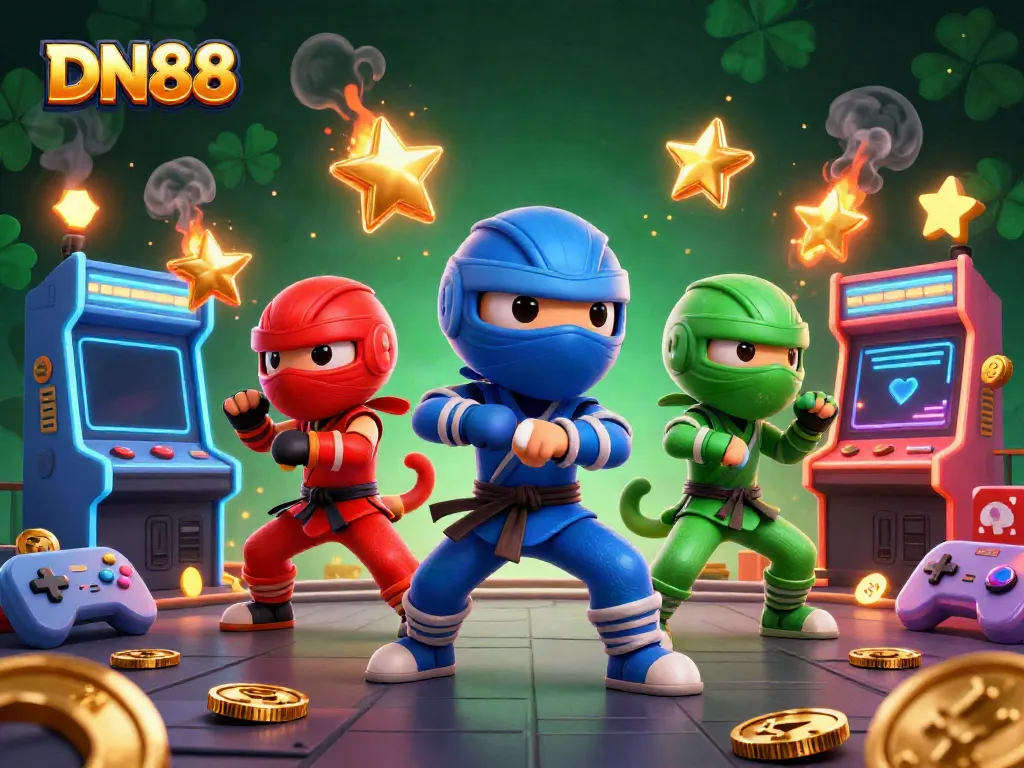 Engage with DN88's thrilling chameleon ninja team in a vibrant casino battle scene.