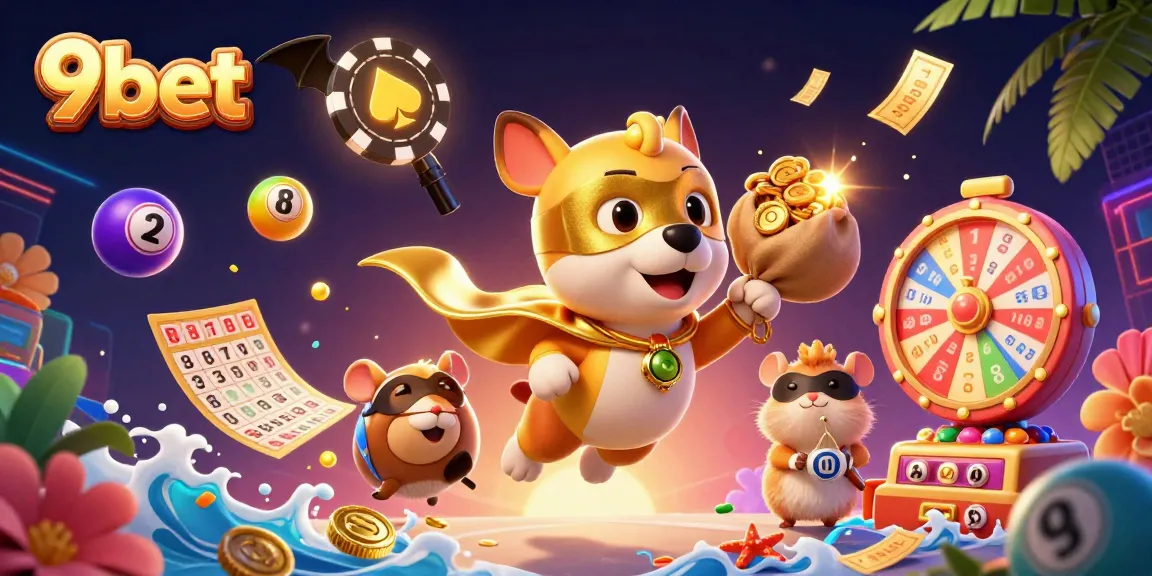 Experience the excitement of 9bet with dynamic characters and vibrant casino elements in a colorful 3D illustration.