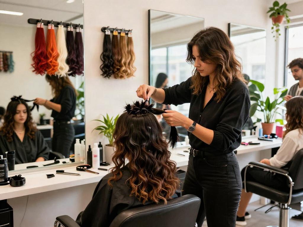 Stylish salon scene featuring feather crochet hair extensions application.