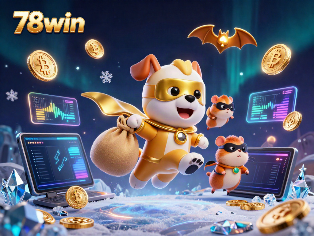 Engage in thrilling gameplay with 78win, showcased through a vibrant 3D casino adventure illustration.