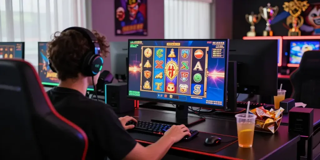 Player enjoying online gaming with rokok88 slot login on vibrant screen in a cozy setup