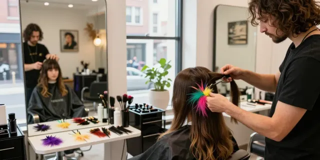 Client getting feather tip hair extensions applied in a trendy salon.
