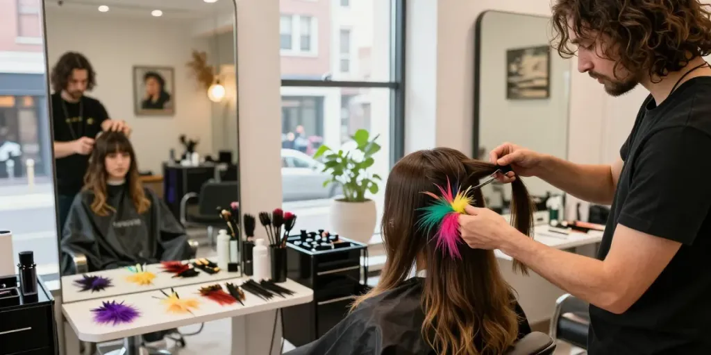 Client getting feather tip hair extensions applied in a trendy salon.