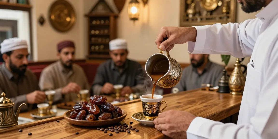 مشهد تحضير قھوجیین في مقهى عربي تقليدي مع فناجين قهوة مزخرفة.