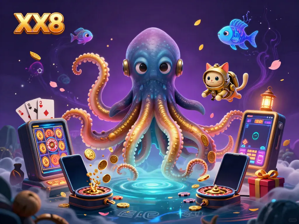 Engage with exciting slot games at XX8, featuring a kraken and diving cat in a vibrant casino scene.