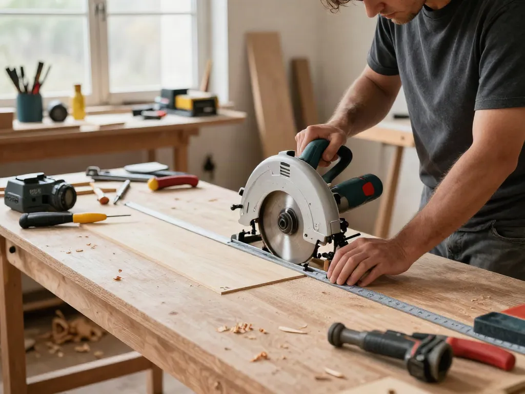 Circular saw guide rail in use by craftsman cutting plywood in a well-lit workshop.