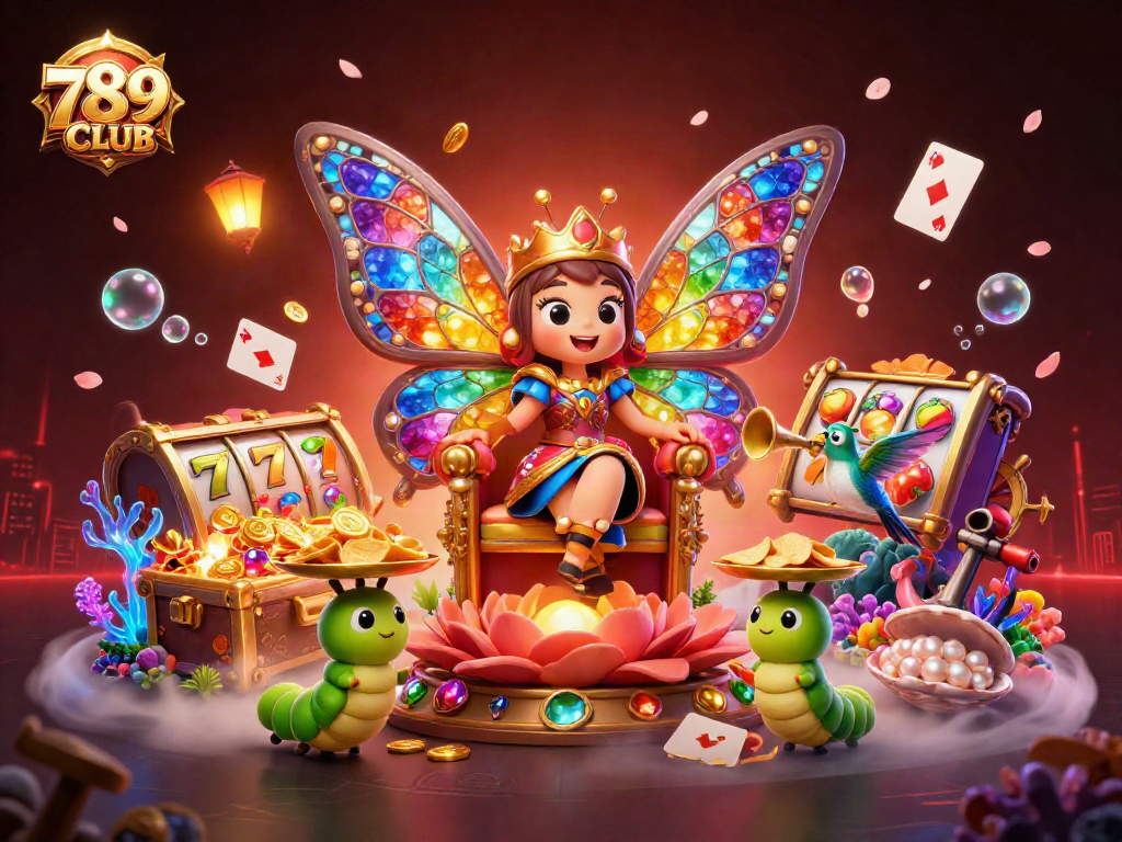 Engage with 789CLUB's exciting slot reels and vibrant casino scene illustrated with colorful characters.